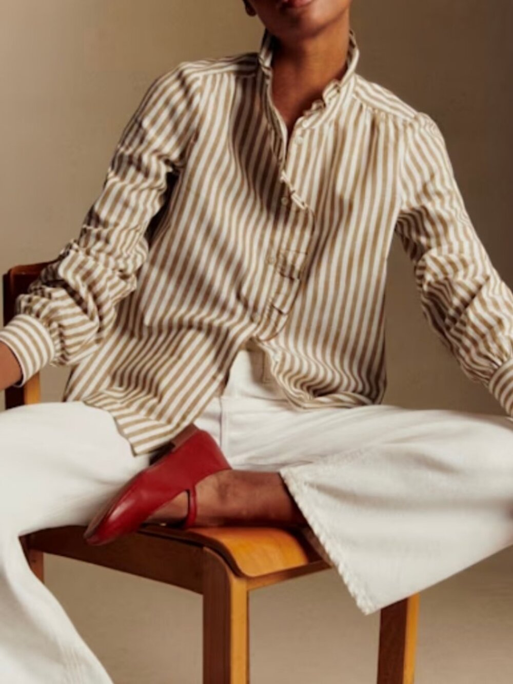 Sezane Chlo Shirt Ecru-Camel Stripes in Organic Cotton